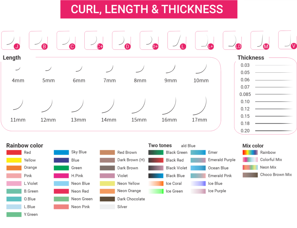 Table displaying a wide range of customization options, including curls, lengths, and colors for a variety of lash styles