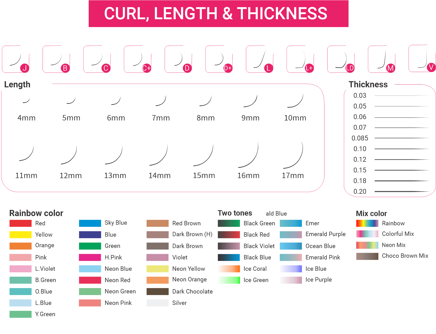Table displaying a wide range of customization options, including curls, lengths, and colors for a variety of lash styles