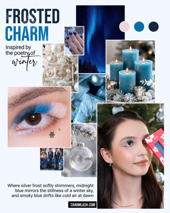 Frosted Charm moodboard - Christmas lash styles - Matte Silver eyelash extensions by Charmlash
