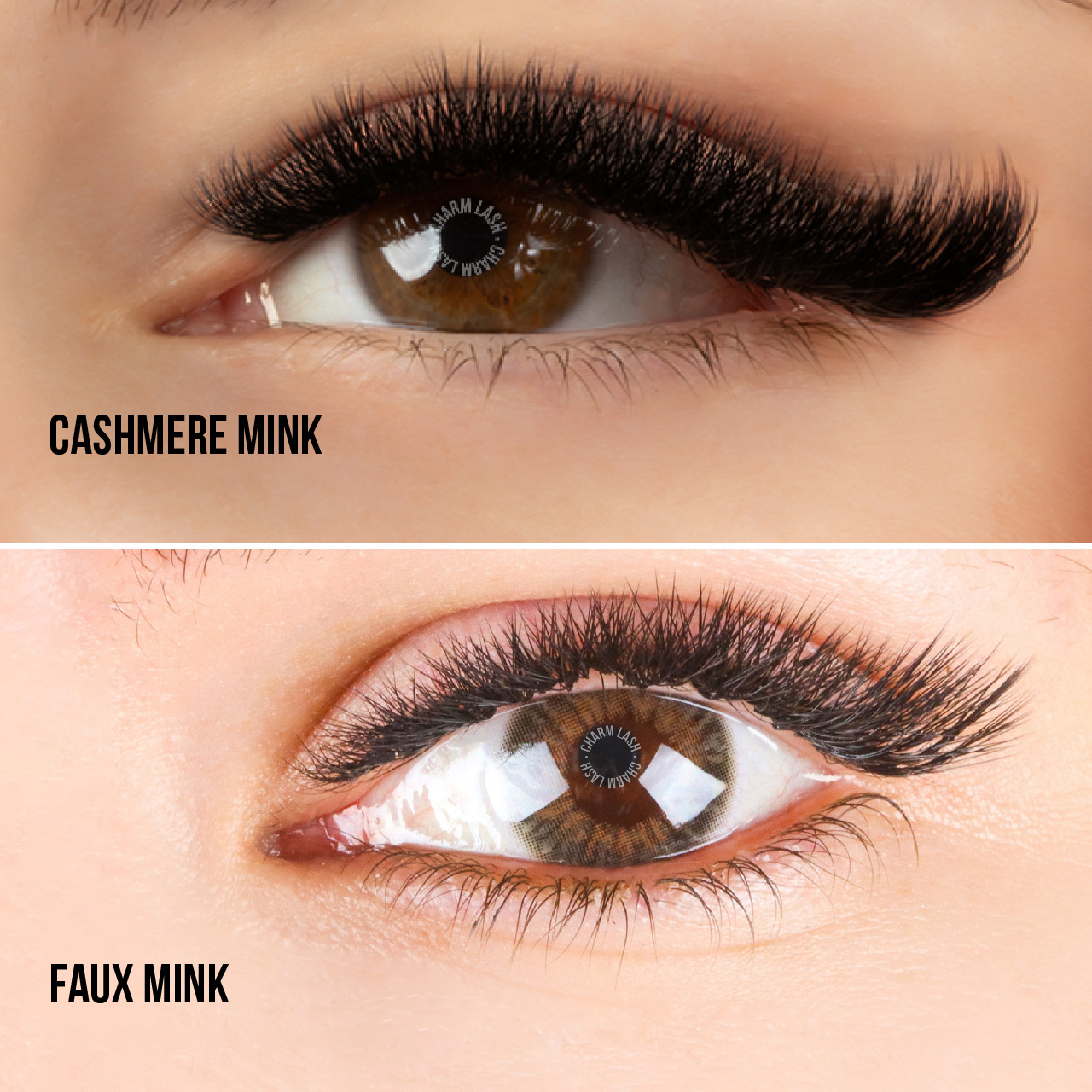 Display of Faux Mink lash extentions versus Cashmere Mink lash extensions from CharmLash