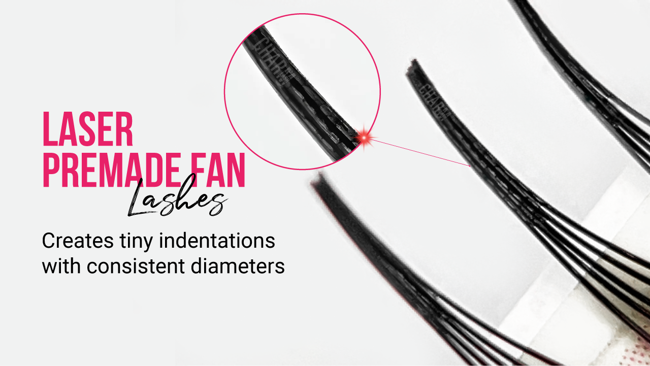 6 Game-Changing Benefits of Laser Premade Lash Extensions Display of the microscopic indentations of CharmLash's laser premade lashes