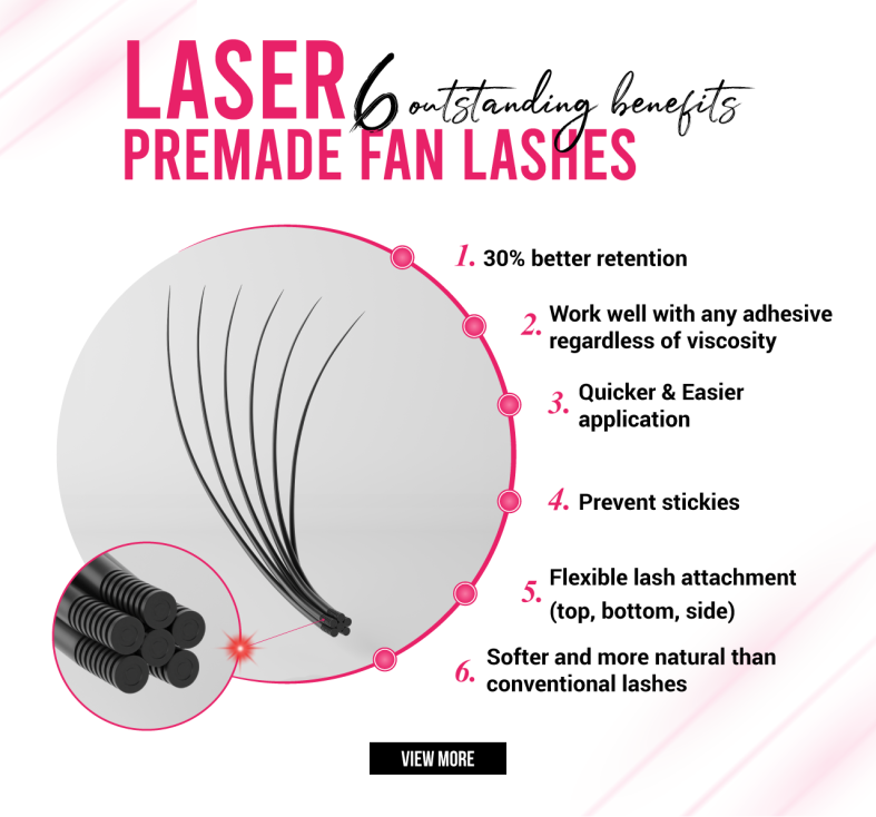 6 Game-Changing Benefits of Laser Premade Lash Extensions Display of 6 benefits of laser premade fan lashes from CharmLash