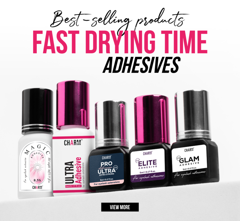 Get Ready for Peak Season - It's Time to Order Now! Display of available fast drying lash adhesives at CharmLash