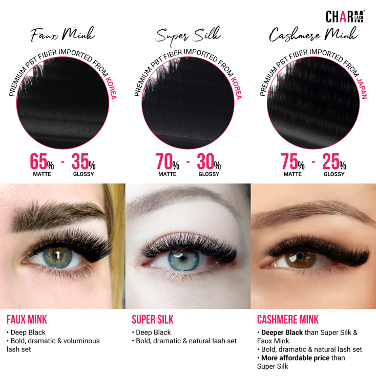 10 Lash Extension Myths - Busted! Display of three types of lash extension materials that can create a bold and dramatic lash style by CharmLash