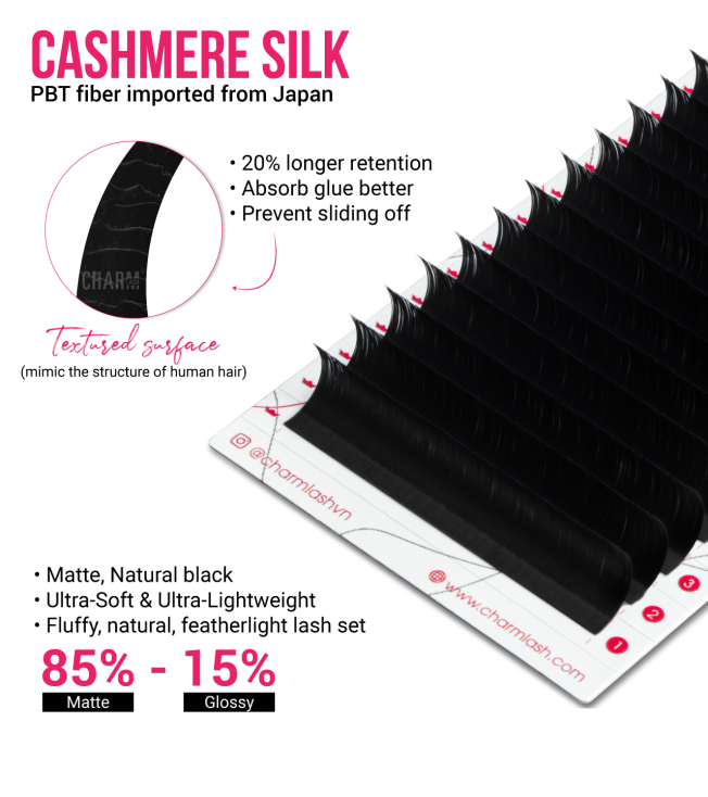 Why Matte Black Lashes are a Must-Have for Your Lash Business? Display of features of Cashmere Silk as matte black lashes from CharmLash