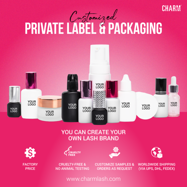 Minimum Order Quantity (MOQ) for Lash Business: Everything You Need to Know Display of CharmLash's customize packaging if clients purchase MOQ of lash adhesives and other liquids from CharmLash.