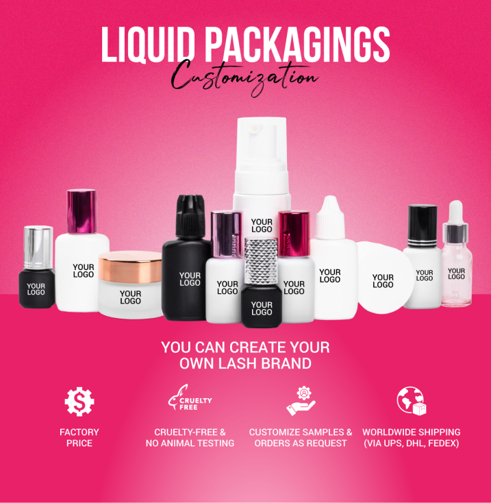 Lash ODM vs OEM: What They Mean for Your Lash Brand Display of liquids packaging service as part of CharmLash's Lash OEM & ODM services