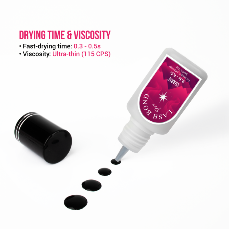 Eyelash Adhesive 101: Everything Lash Business Should Know Display of Lash Bond Pro's drying time and viscocity from CharmLash