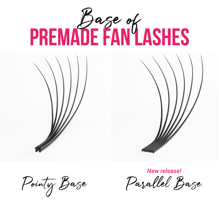 Premade Lashes or Promade? Choosing the Right Lashes for Your Business Display of pointy base versus parallel base premade lashes from CharmLash