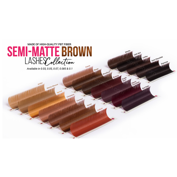Light vs. Dark Brown Lash Extensions: Which Should You Stock? Display of semi-matte brown lash extensions from CharmLash