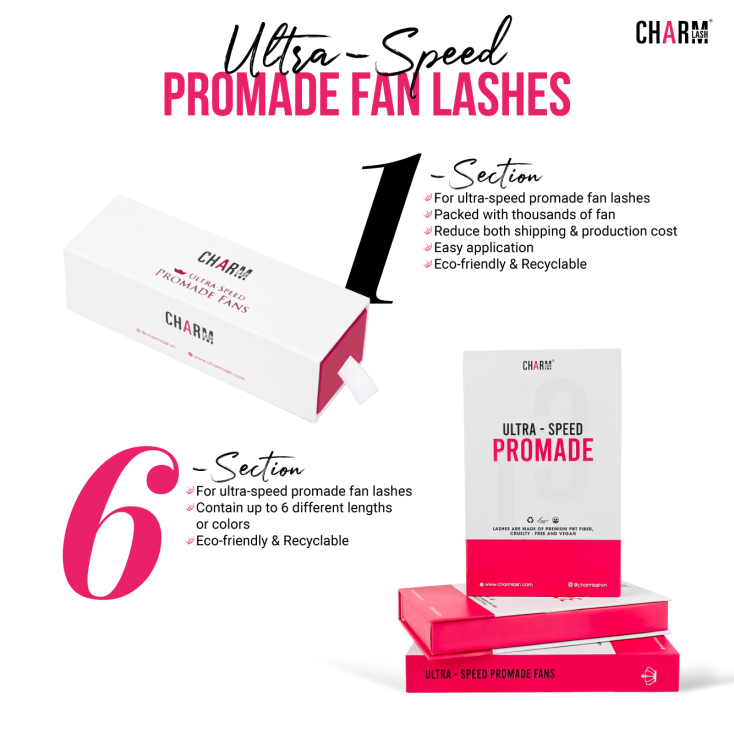 Premade Lashes or Promade? Choosing the Right Lashes for Your Business Display of ultra-speed promade lash fans in 3 types of packaging boxes from CharmLash