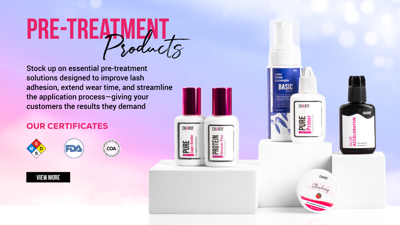 Get Ready for Peak Season - It's Time to Order Now! Display of pre-treatment lash products available at CharmLash