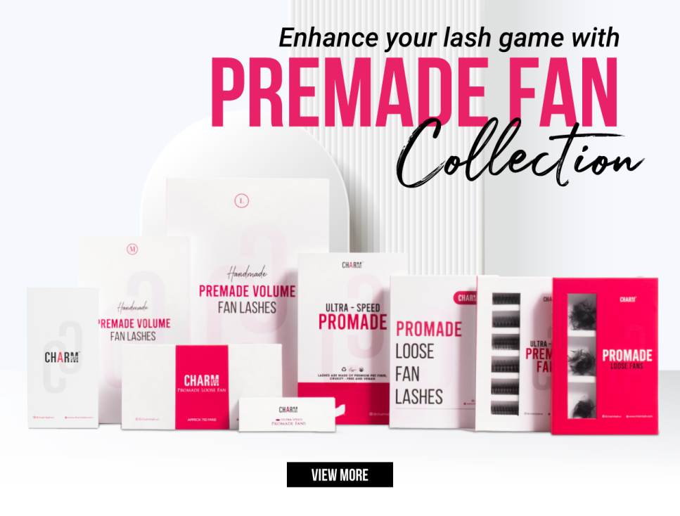 6 Game-Changing Benefits of Laser Premade Lash Extensions Display of CharmLash's premade fan lashes packaging