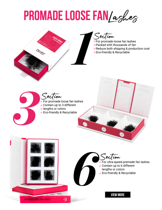 6 Game-Changing Benefits of Laser Premade Lash Extensions Display of 3 types of packagings for CharmLash's Promade loose fan lashes
