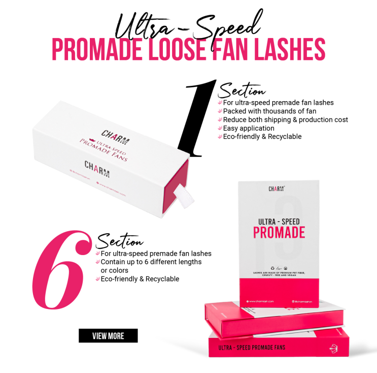 6 Game-Changing Benefits of Laser Premade Lash Extensions Display of different types of packaging for CharmLash's ultra-speed promade loose fan lashes