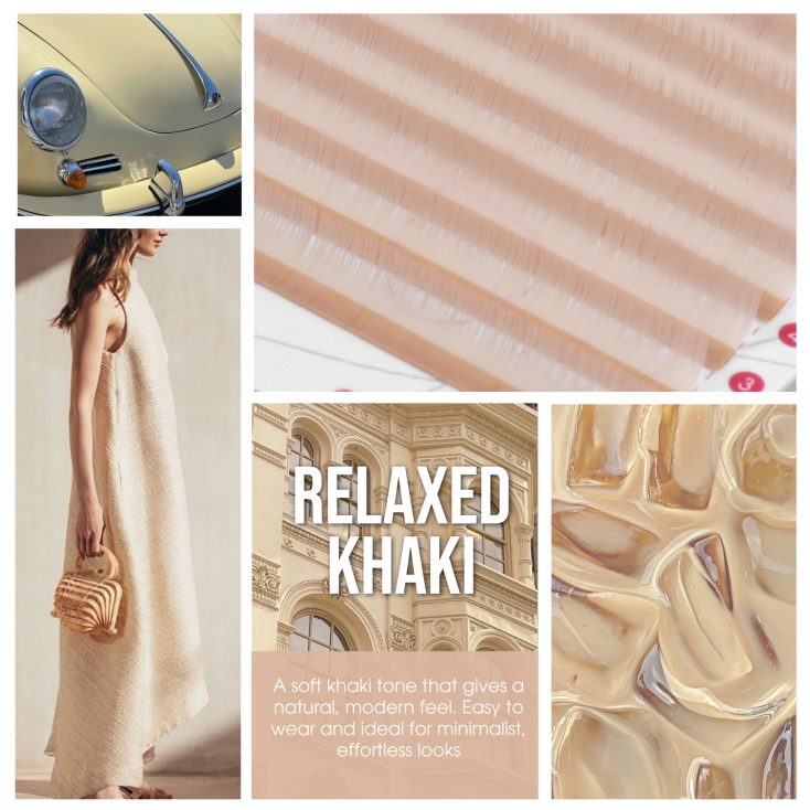 Trending-colored-eyelash-extensions-in-2026-Relaxed-Khaki-Moodboard